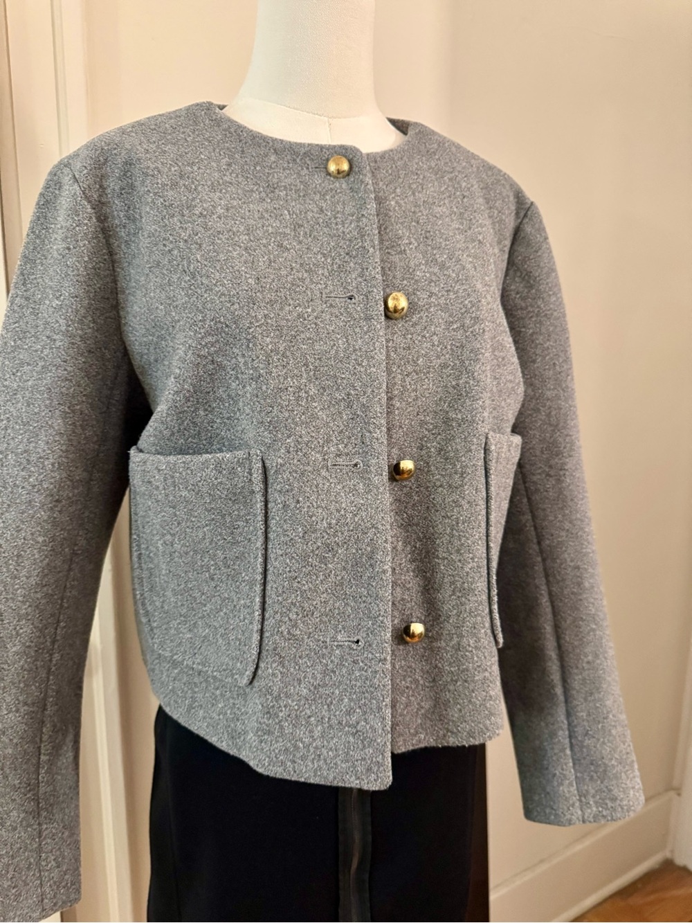 a new day Gray Wool-Blend Boxy Jacket with Gold Buttons